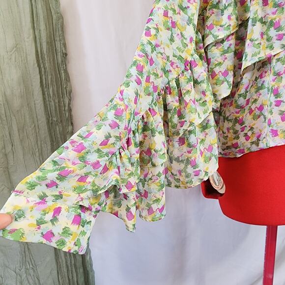 Green and Pink Ruffle Long Sleeve Button Up Oversize Woman's Blouse Size XL - Picture 5 of 6